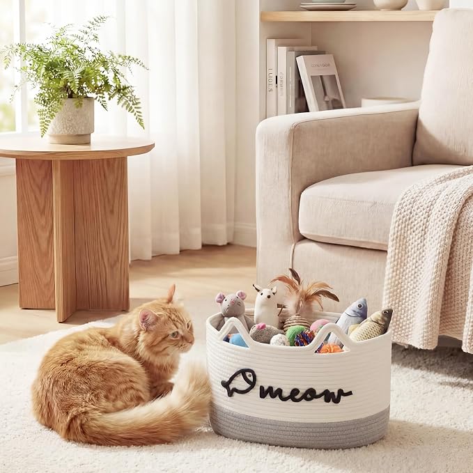 Cat Toy Basket with Cat Ear Handles, 15 x 11 x 9 in Woven Cats Toy Bin, Large Two-tone Cotton Rope Storage Box, Meow Words Organizer for Toys, Blankets, Home Decor (White, Gray)