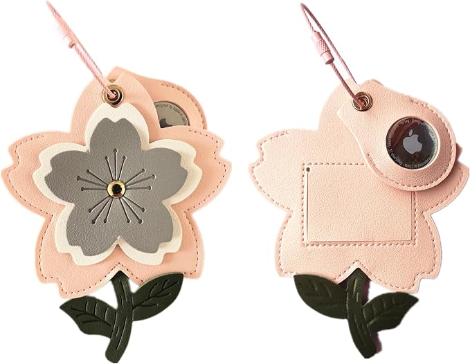 PU Leather Luggage Tag with Airtag Holder Case Set and Name ID Label | Hidden Compartment for AirTag Travel Suitcase Tracking Case with Stainless Steel Loop,Cute Fruit Plant Animals Styles,sakura