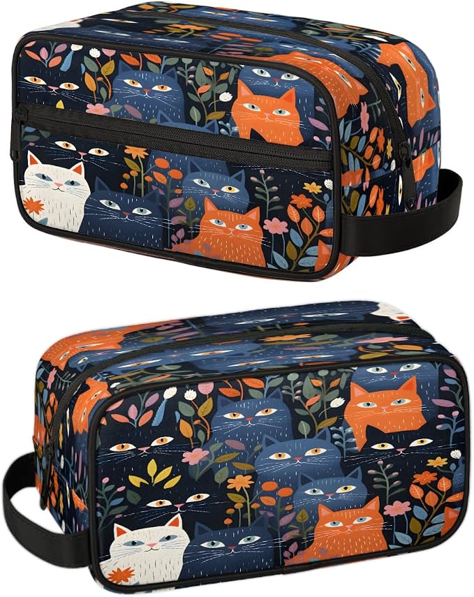 QsirBC Cute Cats Pets Flowers Versatile Toiletry Bag Cosmetic Makeup Organizer Travel Shaving Kit with Handle Large Capacity Waterproof Polyester Bag for Men Women