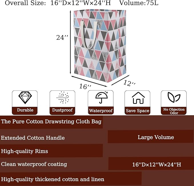 75L Waterproof Laundry Hamper Collapsible Laundry Basket Cotton Handle Laundry Bag Large Clothes Storage Toy Organization for Bathroom Bedroom Laundryroom College Dorms