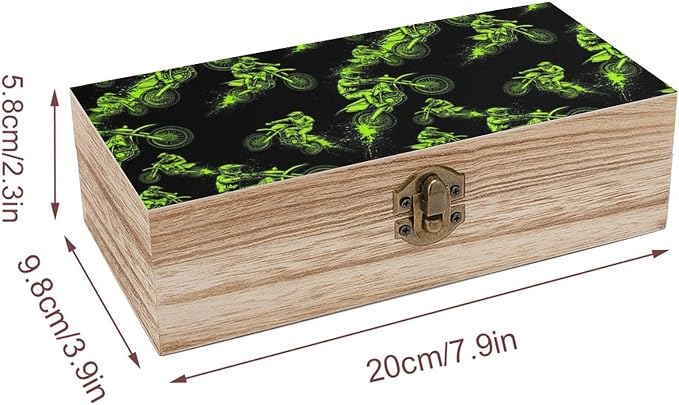 Wooden Box for Keepsakes Memory Boxes with Hinged Lid, Motocross Rider | Extreme Sports Green Black Jewelry Storage Case, Photo Organizer, Party Favor Decor Gift Box, 9.2"x5.5"x3.9"