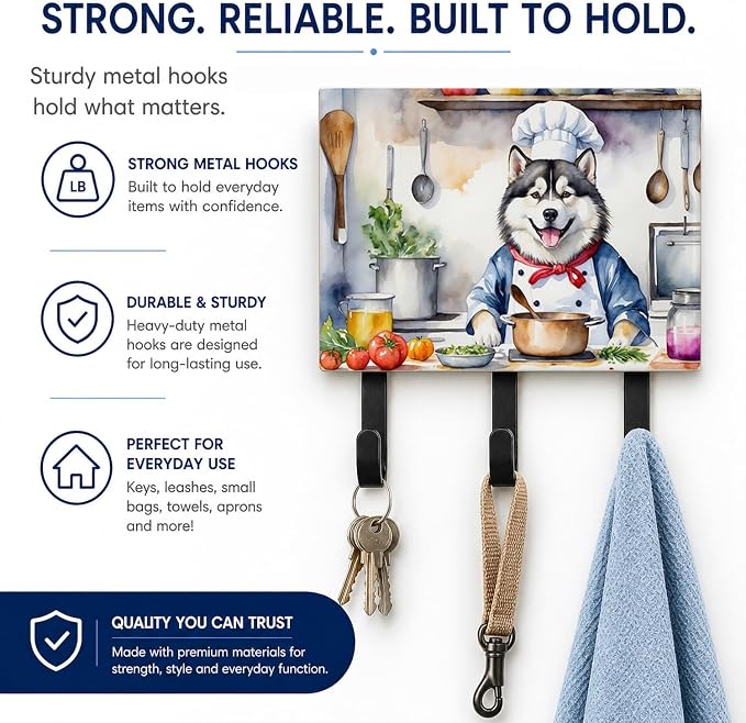 Caroline's Treasures Alaskan Malamute The Chef Leash or Key Holder Wall Hooks, Key Hooks Holder, Coat Rack Wall Mount, Coat Hooks, Hooks for Hanging Keys, Towels, Aprons, Leashes | Alaskan Malamute The Chef artwork on ceramic tile with three steel hook...