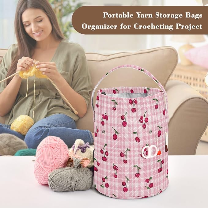 Tatenale Crochet Bag Yarn Bag Knitting Project Bag with Pockets and Handle Portable Yarn Storage Organizer Tangle Free 8.3x11 InchPink Cute Checkered Cherry13
