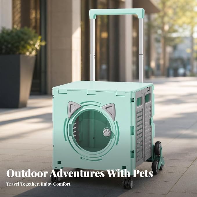 Outdoor Travel Cart Foldable Pet Trolley Carrier Crate with Front Viewing Port and Secure Enclosure with Height, Array, Khaki, Eight-Wheel Climbing Model