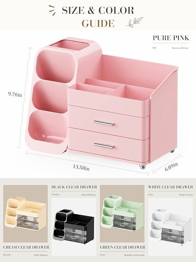 Pink Makeup Organizer with Drawer for Bathroom Countertop Dresser Desk | Large Capacity Make up Organizers for Vanity Counter, Easy To Storage Skincare, Perfume, Brushes, Psticks, Eyeshadow,Palettes