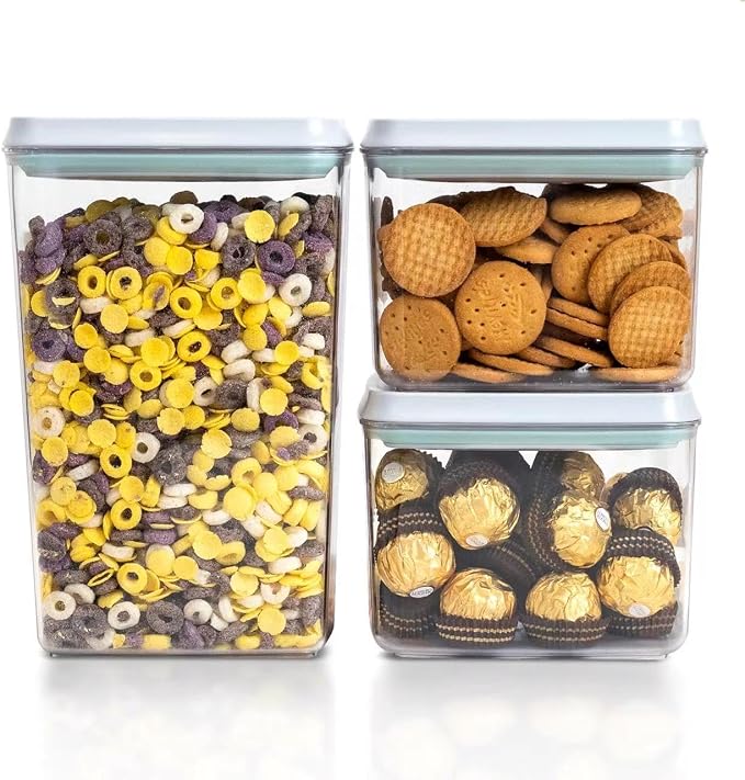 Pop Top Airtight Food Storage Containers, 3 Pack, 1.3Qt x2 + 2.9Qt | Clear Stackable Pantry Jars with One-Touch Lids, Measurement Marks and BPA-Free AS for Cereal, Sugar, Nuts and Dry Goods