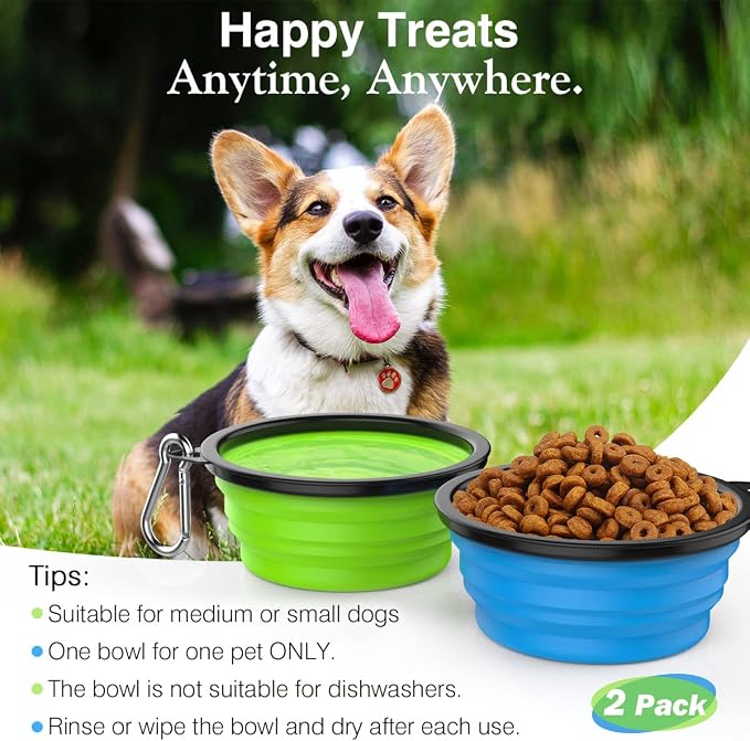 Pawaboo Collapsible Travel Dog Bowls 2 Pack with Lids&Carabiners Silicone | Feeding Watering Bowls for Dogs Cats, Collapsable Water Feeder Food Bowl for Walking Traveling Home Use, Blue + Green