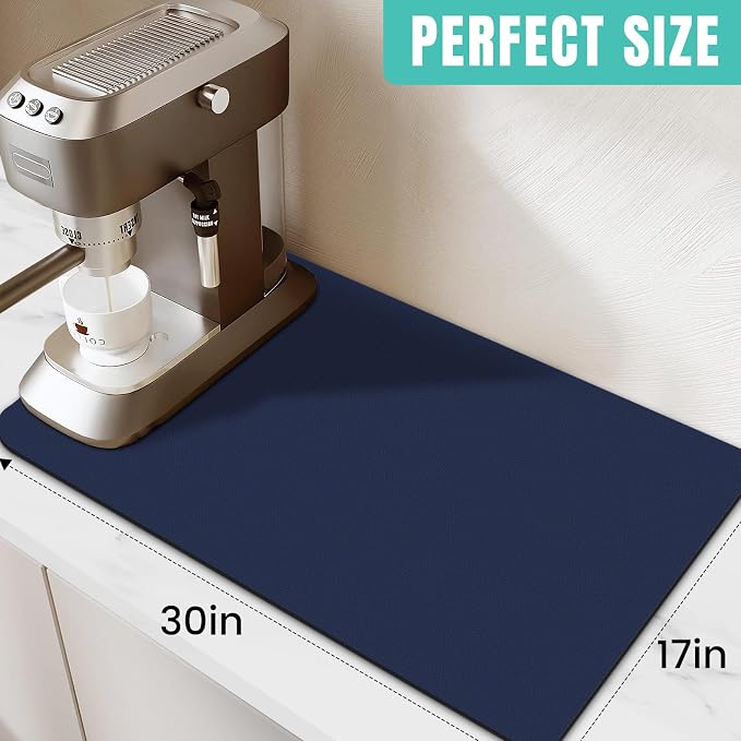 Coffee Mat Super Absorbent Dish Drying Mat Coffee Bar Mat 17"x 30", Blue