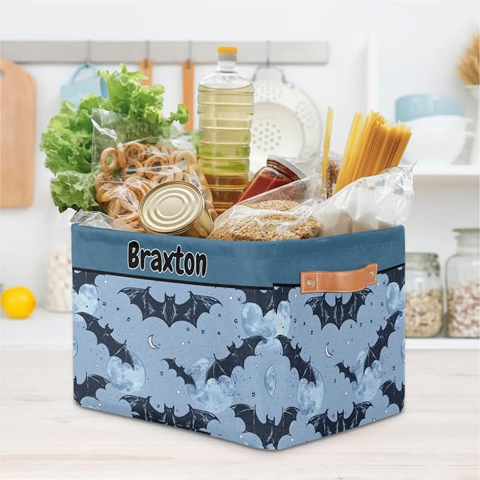 Personalized Storage Bins, Customized Name Storage Basket Rectangle Clothes Organizer for Organizing Kids and Pets Toys Shelf Closet, Dark Blue Bat with Stars