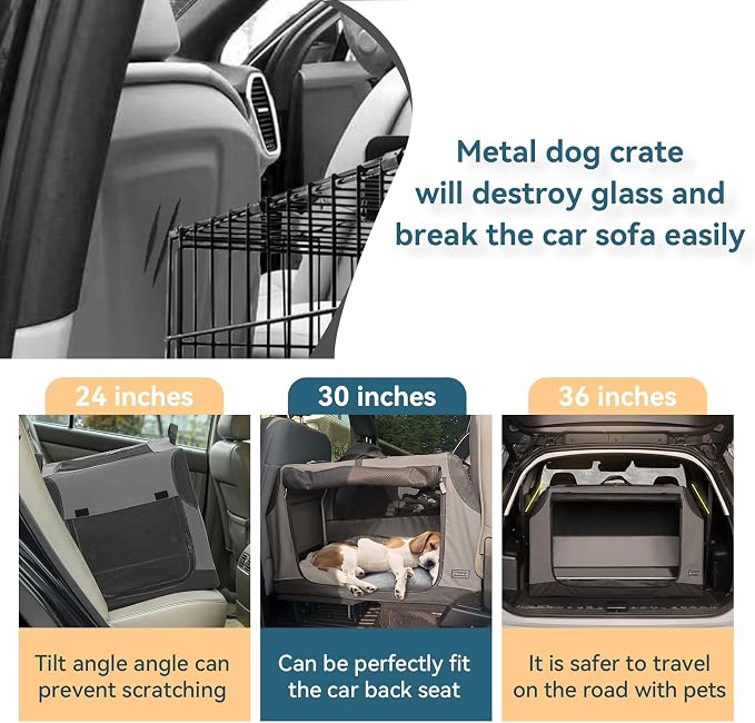 PETSFIT Travel Dog Crate, Soft Dog Crate - 30 Inch Sturdy Adjustable Structure, Easy to Set Up, Perfect for Car, Light Tough with 3 Mesh Doors Grey