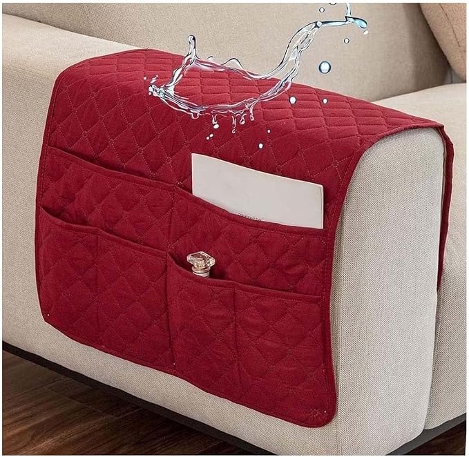 Sofa Armrest Organizer Waterproof Armchair Caddy for Couch Holder Recliner Non Slip with 6 Pockets Magazine Covers Chairs Sofas Arm Twist Pin Furniture Protector Slipcovers(Red)