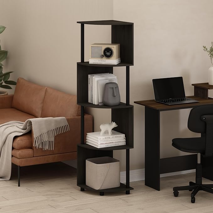 Furinno ECON Corner Shelf, 4-Tier Corner Book Shelf, Zigzag Storage Shelves, Display Rack, Bookshelf, for Organization and Storage, Living Room, Home Office, Espresso