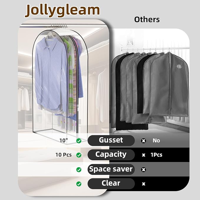 Clear Garment Bags for Hanging Clothes, 4-Pack, 32" | Upgraded thickened clear garment bags with 10" gusset for closet storage of shirts, coats, dresses