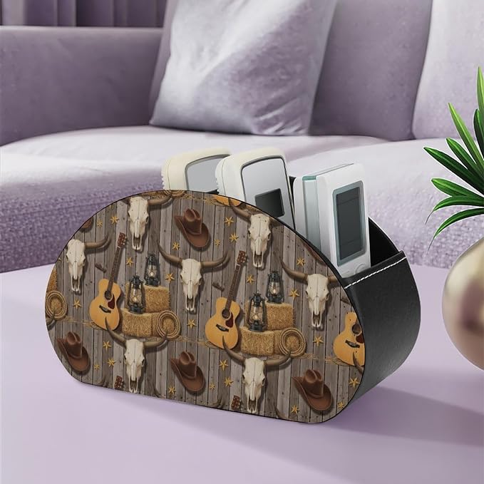 TV Remote Control Holder Cowboy Skull Cactus 5 Compartment Table Organizer | PU Leather Desktop Caddy Box, Western Skull Cowboy Cow Hat Boots Guitar Cactus, for Media Player, Stationery Accessories