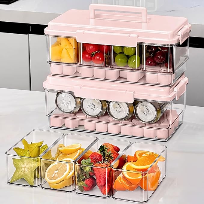 2Pack Ice Chilled Condiment Caddy with 4 Removable Containers Taco Ingredient Server with Lid Cooled Garnish Caddy Tray for Taco Mimosa Bar Sauce Fruits&Veggies Pink