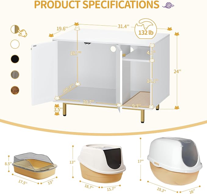 Hzuaneri Cat Litter Box Enclosure, Hidden Litter Box Furniture with Storage | Large Wooden Cabinet with Sisal Mat, Modern Cat Washroom for Living Room, Bedroom, Entryway, White and Gold 01503GCLB