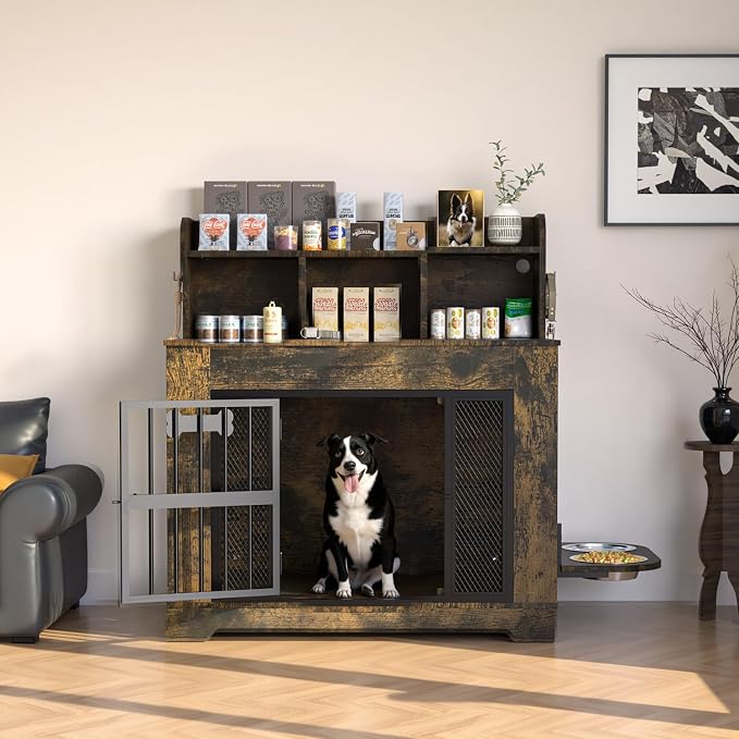 Petrova 33" Dog Crate Furniture with Storage Shelf & 2 Stainless Steel Bowls, Heavy Duty Indoor Dog Kennel for Medium/Small Dogs, Wooden Dog Cage with 4 Hooks, LED Light, Walnut Brown