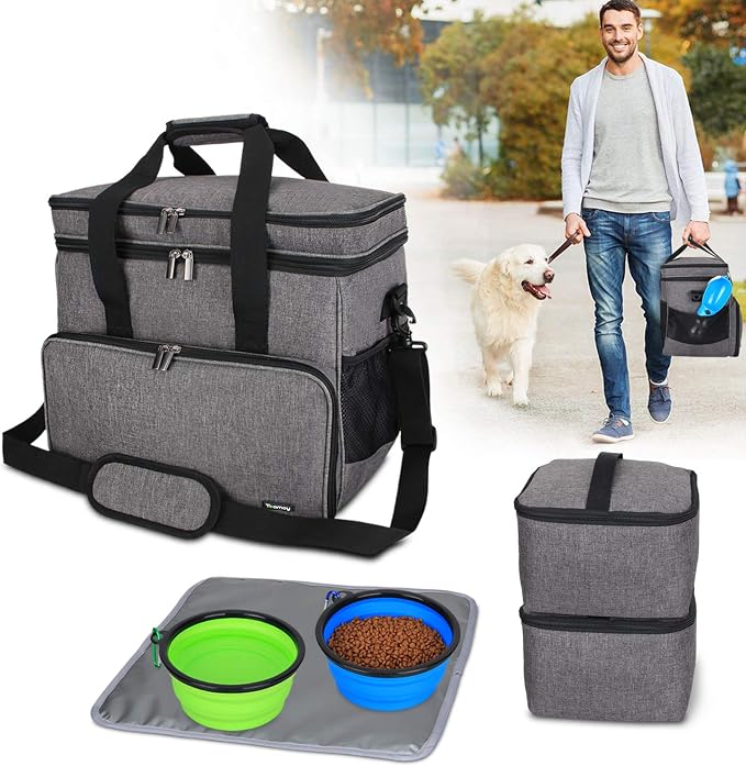 Teamoy 2 Layer Dog Travel Bag, Pet Supplies Weekend Tote Organizer, Gray | Large Dog Bag for Supplies with 2 Silicone Collapsible Bowls, 2 Food Carriers, 1 Water-Resistant Placemat
