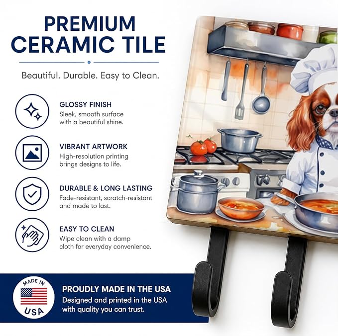 Caroline's Treasures Cavalier Spaniel The Chef Leash or Key Holder Wall Hooks, Key Hooks Holder, Coat Rack Wall Mount, Coat Hooks, Hooks for Hanging Keys, Towels, Aprons, Leashes | Cavalier Spaniel The Chef artwork on ceramic tile with three steel hook...