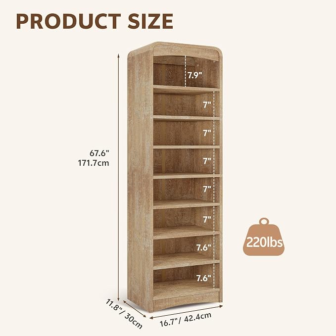 67.6” Tall Shoe Cabinet 8-Tier with Adjustable Shelves, Natural | Freestanding Shoes Organizer Cabinet for Entryway, Hallway, Living Room