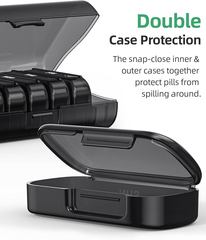 PULIV Weekly Pill Organizer with Large Capacity, Dual Protection (Black) | Pill Box 7 Day, Arthritis Friendly Pill Case Easy to Open, Medicine Organizer for Vitamins, Medication, Fish Oils, Supplement