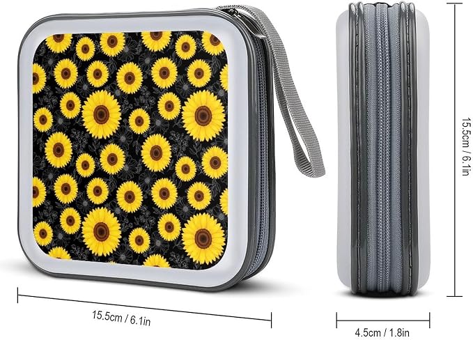 Portable 40-Disc CD Storage Binder Floral Sunflower Black, Hard Case Wallet with Handle, Protective Organizer for Movies Music Travel