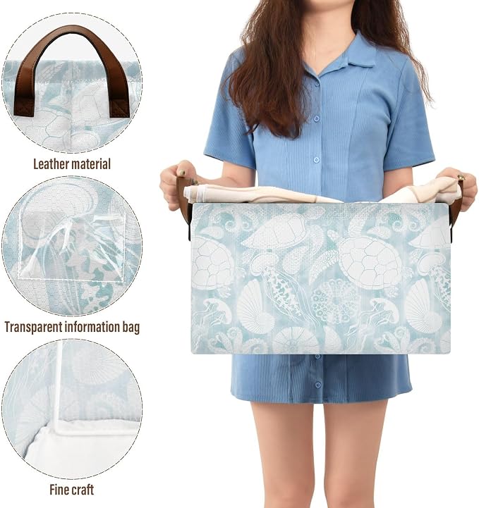 Light Blue Marine Life Turtle Coastal Storage Basket Foldable Cube Storage Bins with Handles&Label Collapsible Organizer Box Bin Large Rectangle Decor Baskets for Shelves Home Living Room Closet, 2 PC