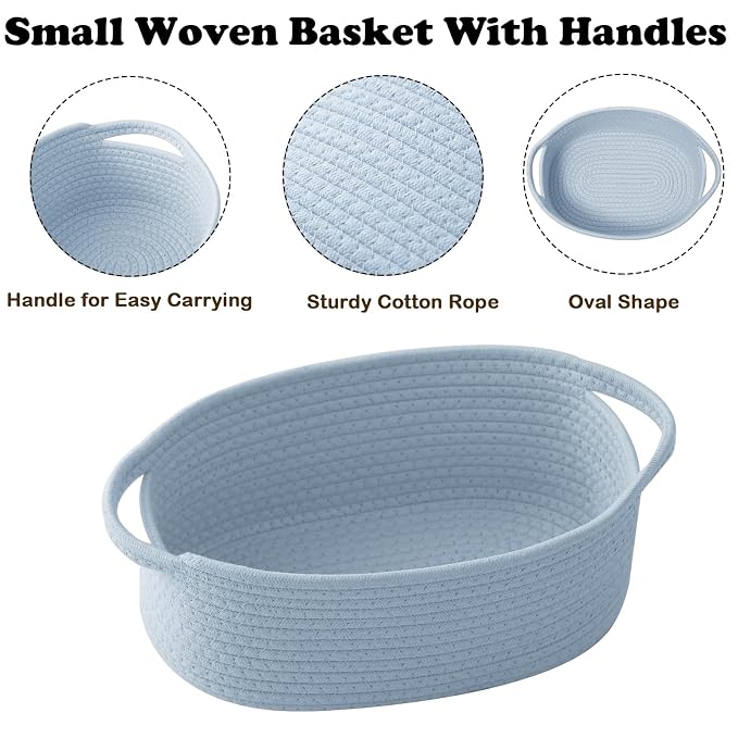 Blue Woven Rope Basket - Baby Gift Basket with Bag & Ribbon | Cotton rope with handle, 12x8x5 in, gift bag and ribbon, for baby shower, birthday, toy storage, nursery, shelf decor