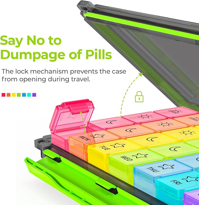AUVON Large Moisture-Proof Weekly Pill Organizer 4 Times a Day, BPA-Free | 7 Day Pill Box Case with Portable Design for Travel, Removable Individual Containers Hold Vitamins, Supplements, Medications