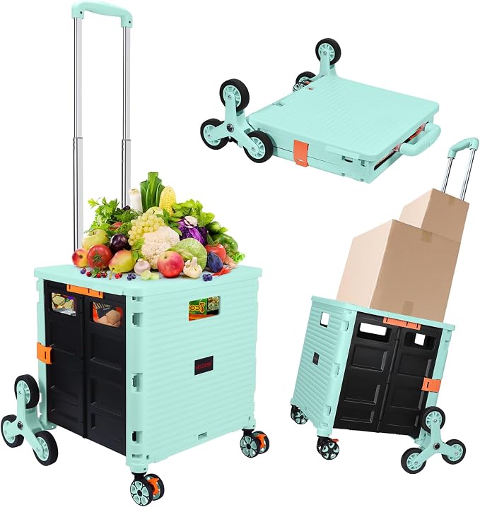 Foldable Utility Cart Collapsible Crate Rolling Carts with Stair Climbing Wheels Rolling Tote Basket Teacher Cart with Lid Wear-Resistant 360°Rotate Wheel Noiseless for Shopping Grocery Office