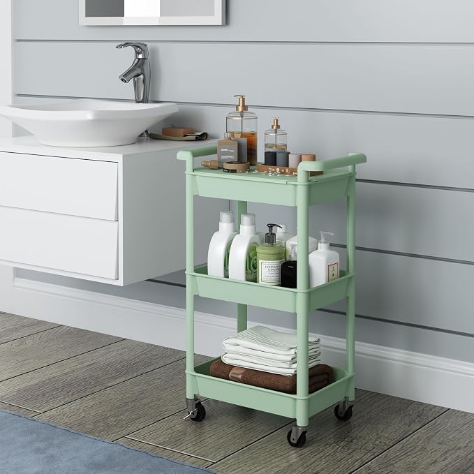 Steehoom 3-Tier Utility Rolling Cart with Cover Top Board, Mobile Utility Cart with Lockable Casters Multi-Functional Storage Trolley for Office, Bathroom, Kitchen, Garden, Laundry Room (Green)