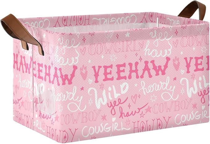 Howdy Cowgirl Quoted Pink Western Storage Basket Foldable Cube Storage Bins with Handles&Labels Waterproof Collapsible Organizer Box Bin Large Rectangle Decorative Baskets for Shelves Home Living Room