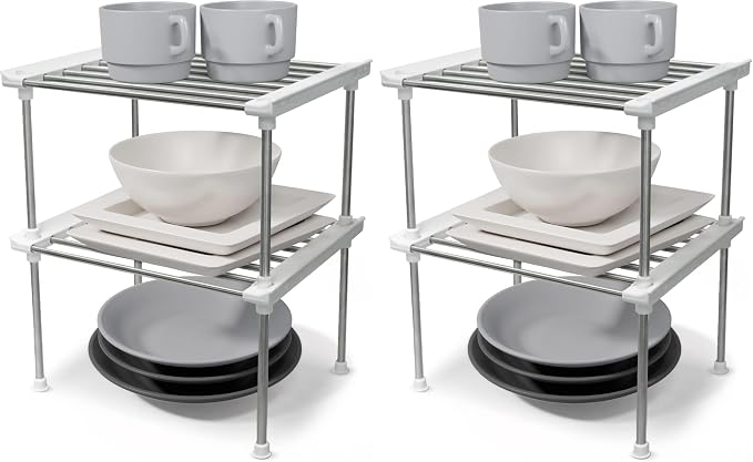 Cabinet Organizer Shelf, Set of 2 Stackable Kitchen Counter Shelves, Kitchen Cabinet Organizers and Storage, Pantry Storage Shelf Organizer, 9.8 x 7.8 x 6.1 - White (Pack of 2)