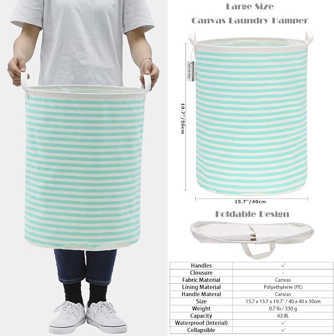 Sea Team Large Canvas Laundry Basket with Handles, Mint Stripes | Collapsible Fabric Laundry Hamper, Closet Shelf Organizers, Containers for Clothing, Blankets, Toys, Bedding, 19.7 x 15.7”