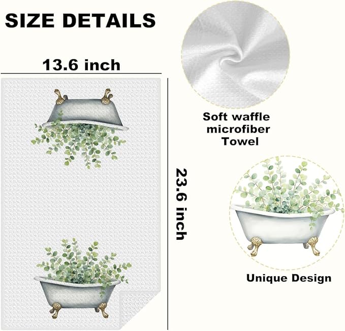 2 Pcs Watercolor Eucalyptus Kitchen Towels, Funny Bathtub & Toilet Bowl Decorative Absorbent Microfiber Dish Cloth Tea Towel, Waffle Soft Hand Towels for Farmhouse Home Bathroom Decor, home gift