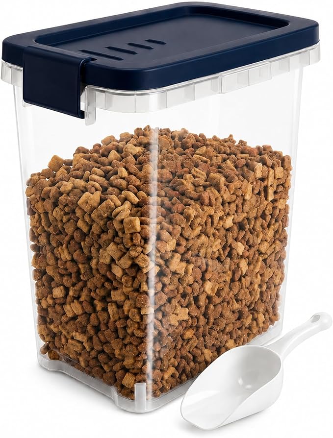 5-10 Lbs Airtight Cat Dog Food Storage Container, 8QT Compact Pet Food Bin | Plastic Food Container with Buckle-Lock Lid & Scoop for Dog, Cat, Bird Seed, Pet Food, Chicken, Dry Food, Rice, Cereal, Flour
