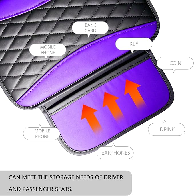 Leather Car Center Console Cover with Side Storage Pockets, Waterproof Armrest Cushion Protector Organizer for Vehicles SUVs, Interior Accessories, Car Decorations Stylish Arm Rest Pad (Purple)