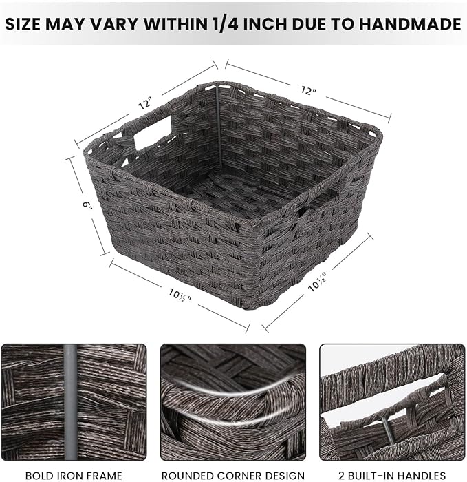 2-Pack Plastic Wicker Storage Baskets for Bathroom, 12"x12"x6", Dark Grey | onlytak Woven Storage Baskets, Stackable & Durable, for Shelves, Closet, Toilet Paper, Home Organizing