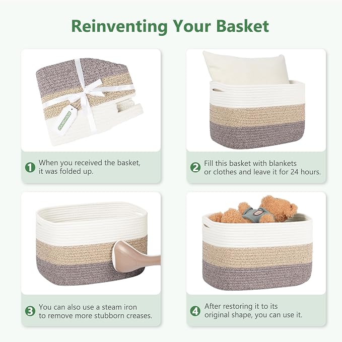 ECDYQXVU 15x10x9 Inch Woven Cotton Rope Storage Basket, 2 Pack | Foldable Design, Built-in Handles, Space-saving Organizer for Living Room, Bedroom, Laundry, Shelves, Clothes, Towels