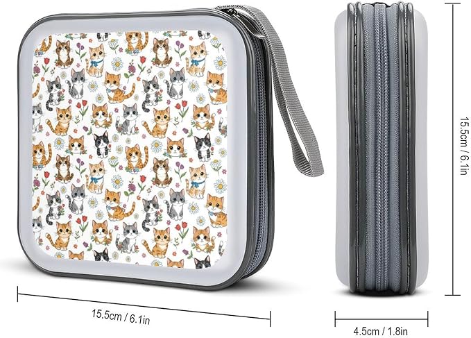 Hard Shell DVD CD Organizer Kawaii Cat Kitten, 40-Disc Storage Binder with Zipper Closure, Portable Protective Case for Travel Home