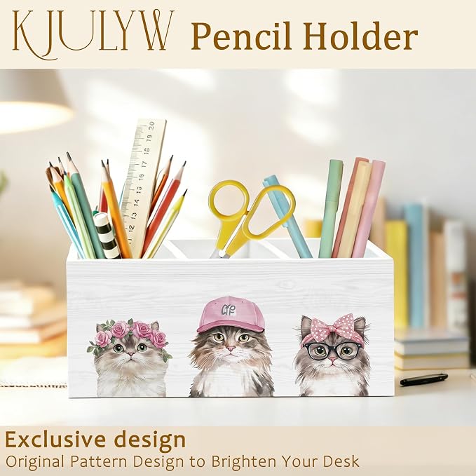 Cat Pen Holder for Desk, Cat Mom Lady Gifts, Pink Coquette Girly Kitty Wooden Box Pencil Pen Holder Organizer for Kids Room Home Office Desk Accessories