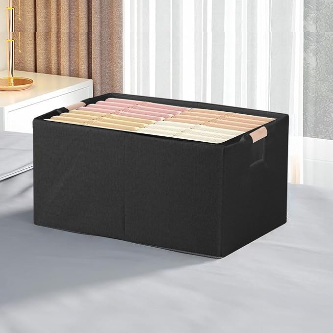 Fabric Storage Box, 13x9in Foldable Cotton Linen Basket with Wooden Handle | Small Rectangular Cube Decorative Home Laundry Organizer Clothes Blanket Container Organizing Clothes Sheets Jeans, Black