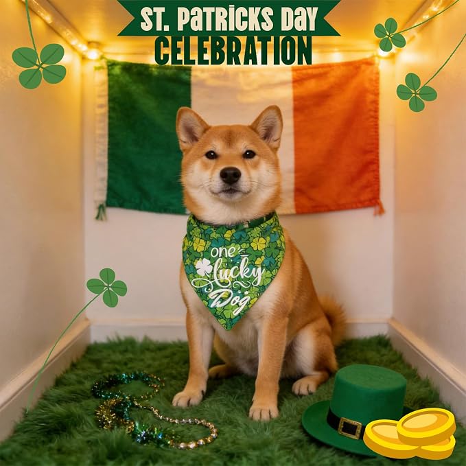 Dog Bandana for St. Patricks Day 2-in-1 Reversible - One Lucky Dog & 4-Leaf Clover Design, Pet Scarf with Snap Button Cute Lucky Holiday Costumes, Small & Medium Breeds (5-30lbs)