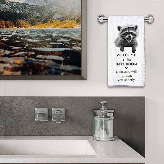 KIDEAR Funny Raccoon Bathroom Decor Welcome to The Bathroom Hand Towel,1 PCS Cute Raccoon Kitchen Towels for Toilet Wall Decorations,Cute Animal, Gifts for Women, Pet Owners Housewarming - A02