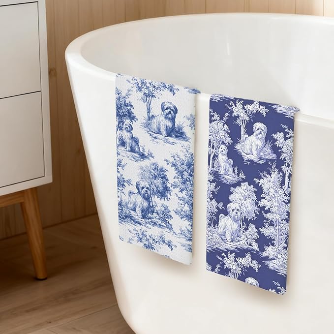 Shih Tzu Kitchen Dish Towels Set of 2, Blue and White Floral Dog Towel Dish Tea Towels, Chinoiserie Decor for Kitchen Bathroom,Shih Tzu Gifts for Dog Lover Mom Dad,16x24 Inch