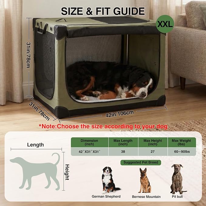 42 x 31 x 31 Inch Collapsible Soft Dog Crate for Dogs Up to 90 lbs, Portable Travel Pet Kennel with 4 Zip Doors, Foldable Indoor Outdoor Crate with Mat, Carry Bag, Green