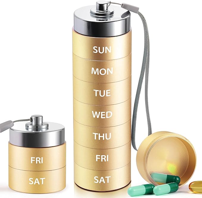 Metal Travel Pill Organizer, 7 Day Large Pill Box, Weekly Pill Case | OUVBTX Aluminum Alloy Pill Container, Portable, Waterproof, Stackable, Medicine Holder for Vitamin, Fish Oil, Supplement