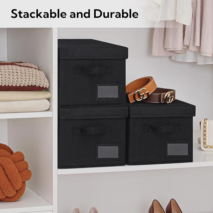 GRANNY SAYS Storage Bins with Lids, Decorative Storage Boxes with Lids | Storage Box with Dust Cover, Handles & Lable, Collapsible, Ideal for Closet Clothes Blanket Toys, Medium, Black, 3-Pack