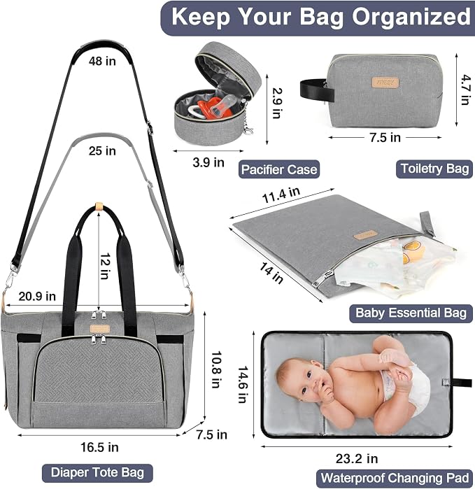 Diaper Bag Tote for Baby 7PCS, Large Mommy Bag with Portable Changing Pad | Multifunctional Hospital Bags for Labor and Delivery with Pacifier Case and Organizer Pouches,Travel Baby Bag for Boy Girl