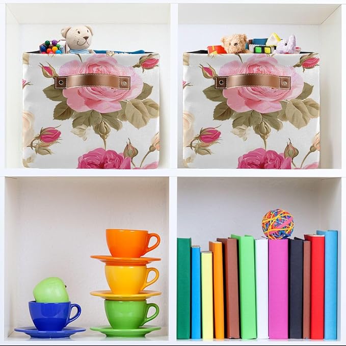 susiyo Large Foldable Storage Bin Floral Pink Roses Fabric Storage Baskets Collapsible Decorative Baskets Organizing Basket Bin with PU Handles for Shelves Home Closet Bedroom Living Room-1Pack